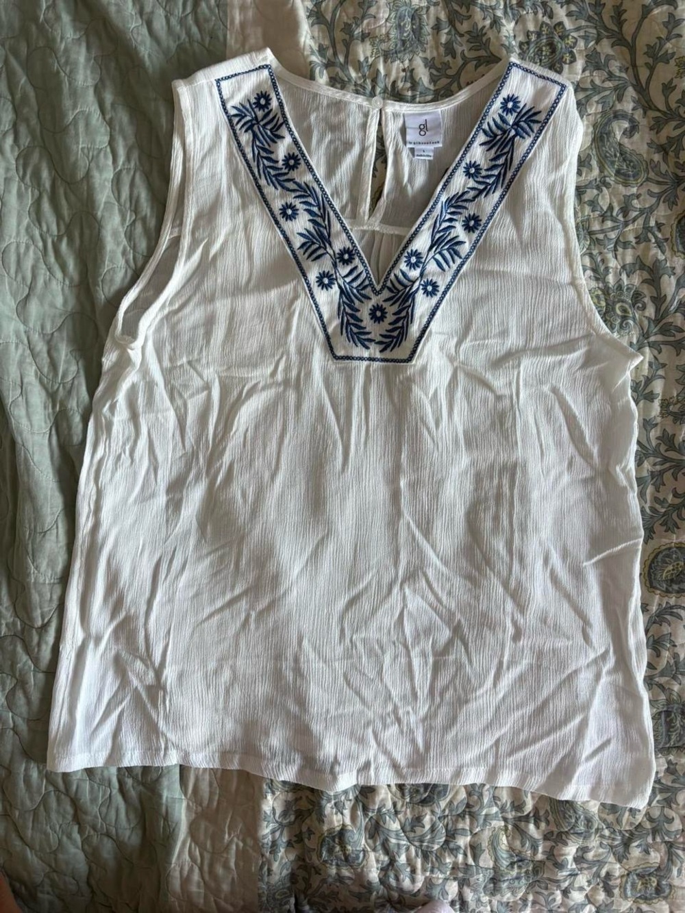 Embroidered V-Neck White Tank with Navy Trim